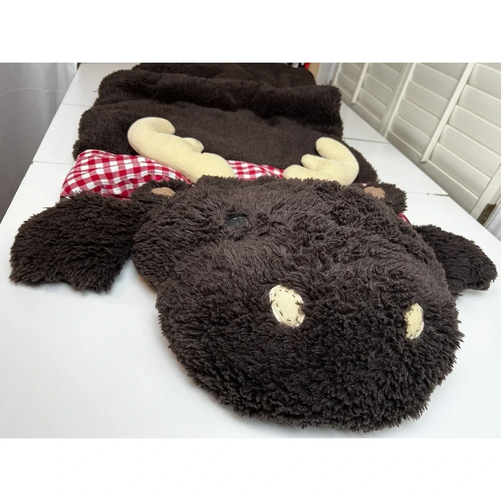 Pottery Barn Kids Moose Plush Sleeping Bag Brown Lined in Red Gingham